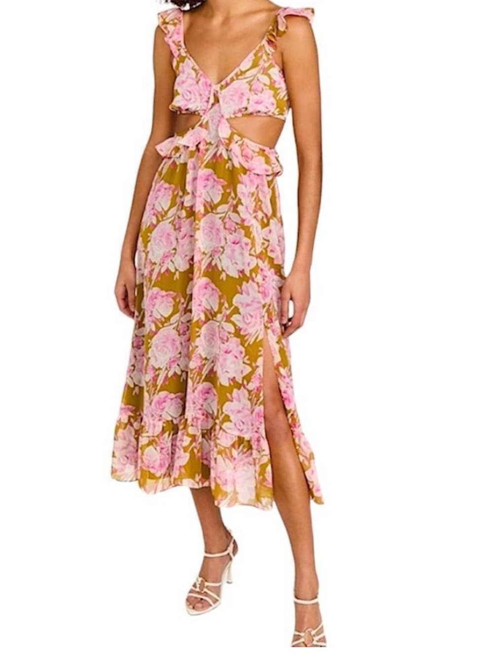 NWT Likely Karina Pink Floral Cutout Midi Dress on Mustard 6